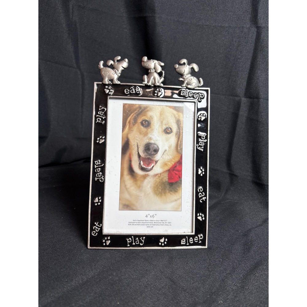 Kohls Dog Picture Frame 4x6 Silver Metal Eat Play Sleep 3D Puppy Figurines Black